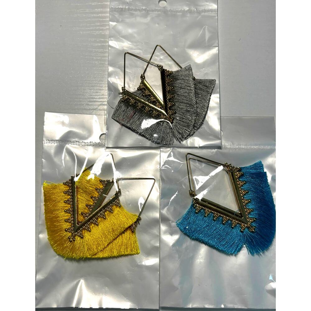 Boho Fan Fringe Tassel Earrings Lot of 3 Aqua Yellow Gray Goldtone 2.75" Drop